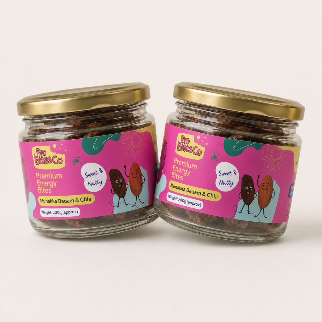 Two jars of Pro Bites Co Munakka Badam Chia energy bites with pink labels