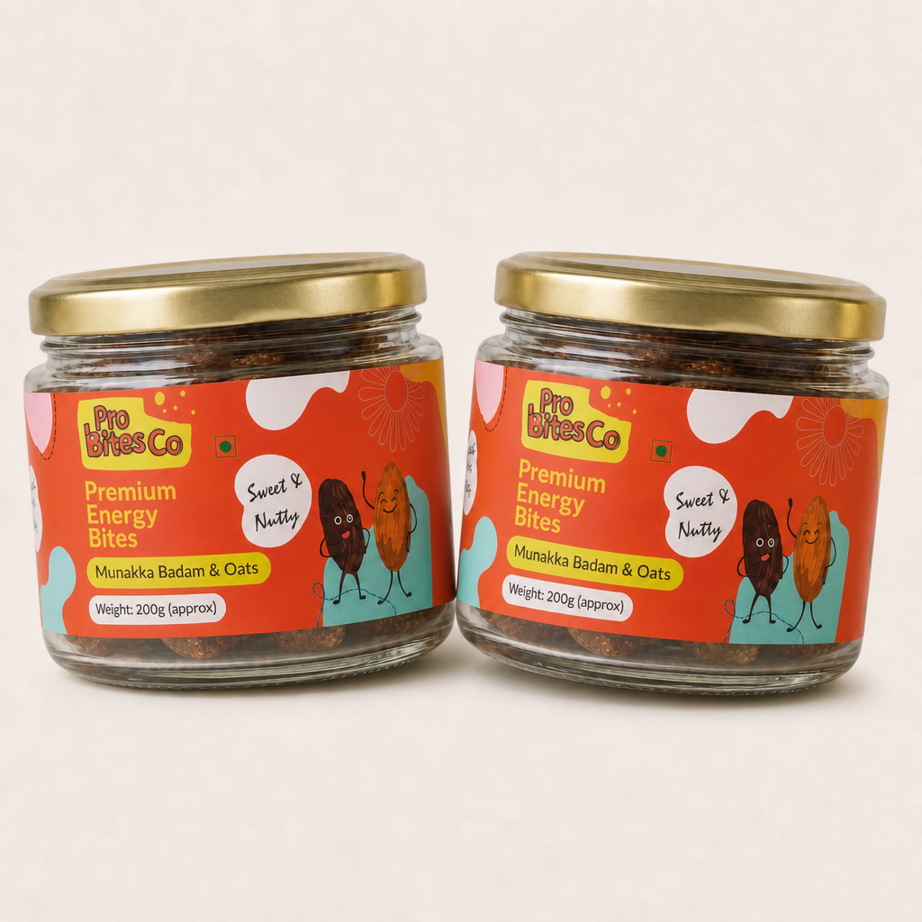 Two jars of Pro Bites Co Munakka Badam Oats energy bites with orange labels