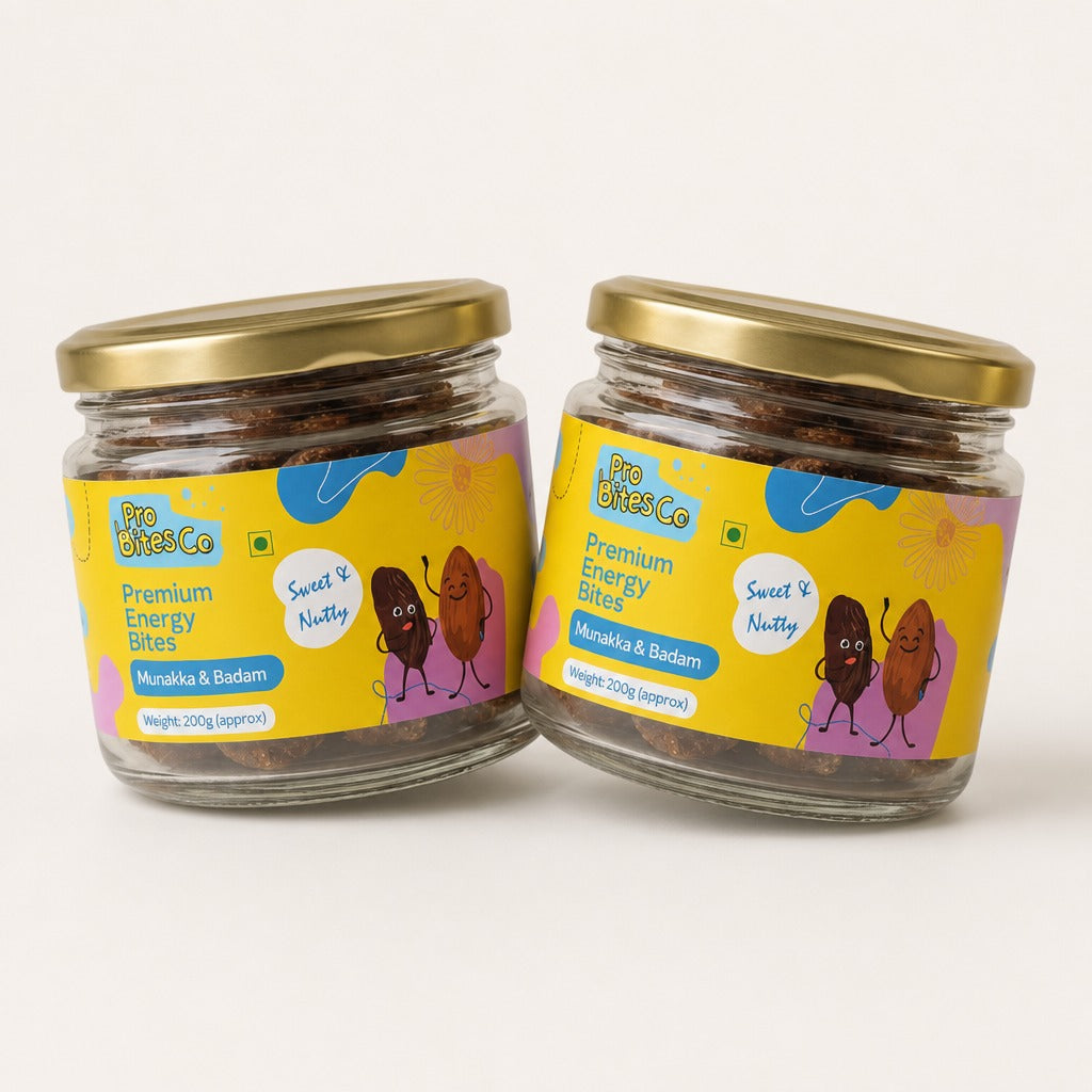 Two jars of Pro Bites Co Munakka Badam energy bites with yellow labels